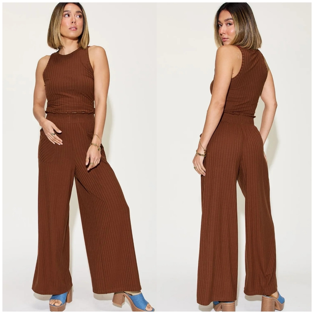 Brown Ribbed Tank and Wide Leg Pants Set